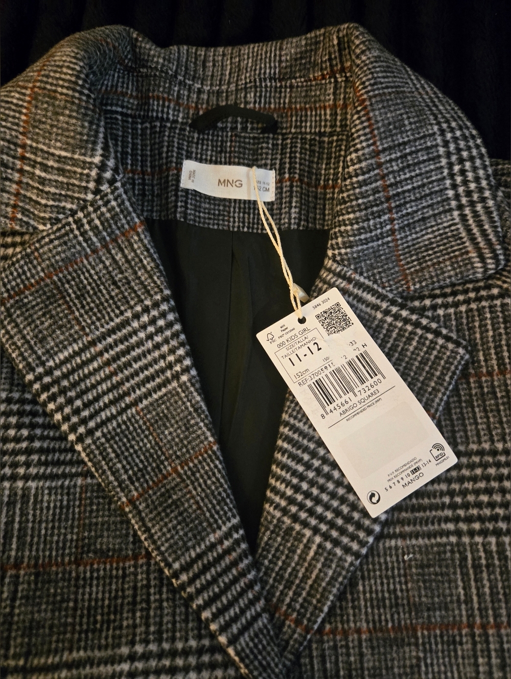 Mango Kids Glen Plaid Wool Blend Tailored Coat Kids Size 11 - 12 years NWT - Picture 5 of 13